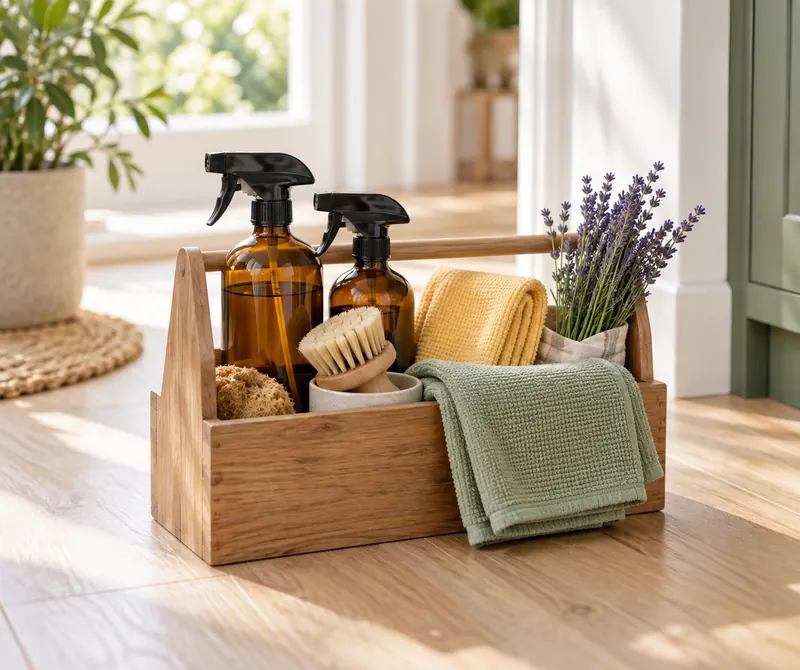 A wooden caddy of cleaning supplies with amber spray bottles and folded cloths