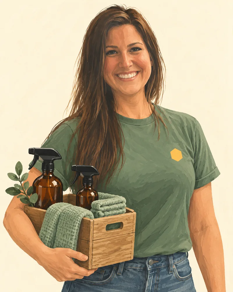 Illustration of Callie Stevenson, owner of The Tidy Hive, holding a caddy of cleaning supplies