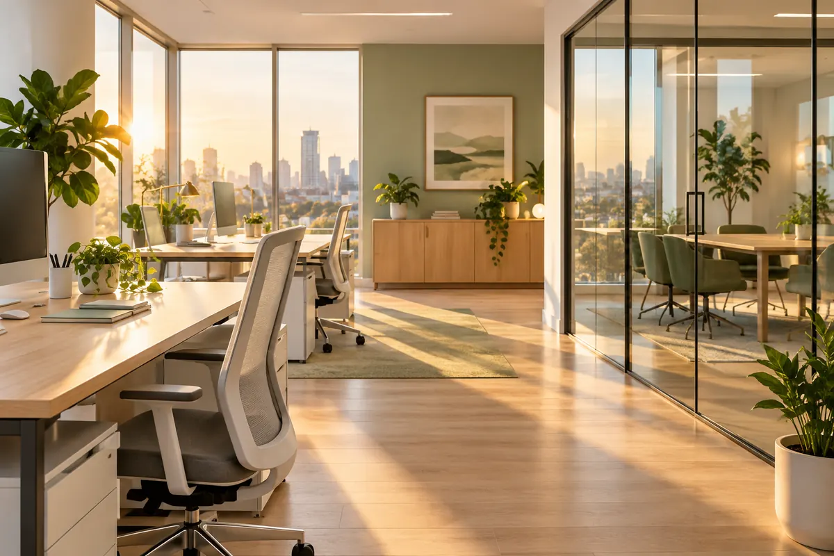 A clean, sunlit small office with desks and plants